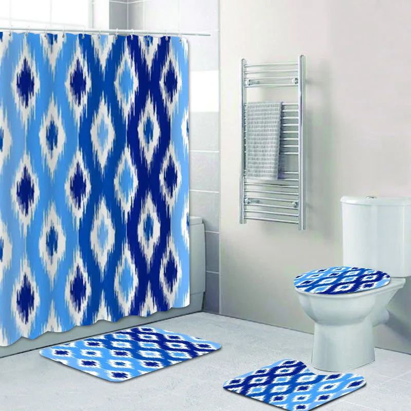 

Stylish Uzbek ikat Fabric Bathroom Shower Curtain with Rug Set Blue White Geometric Chevron Diamond Waterproof Curtain 180x180