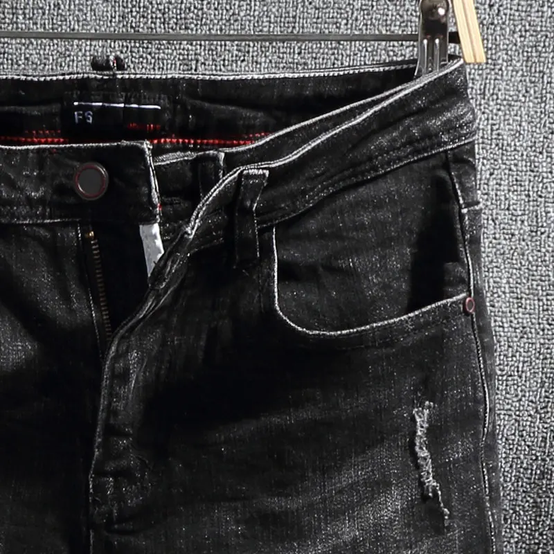 Korean Style Fashion Men Jeans Retro Black Elastic Slim Fit Ripped Jeans Men European Vintage Designer Casual Denim Pencil Pants