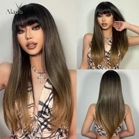 alan eaton long straight synthetic hair wigs for women ombre black dark brown cosplay daily party heat resistant wigs with bangs