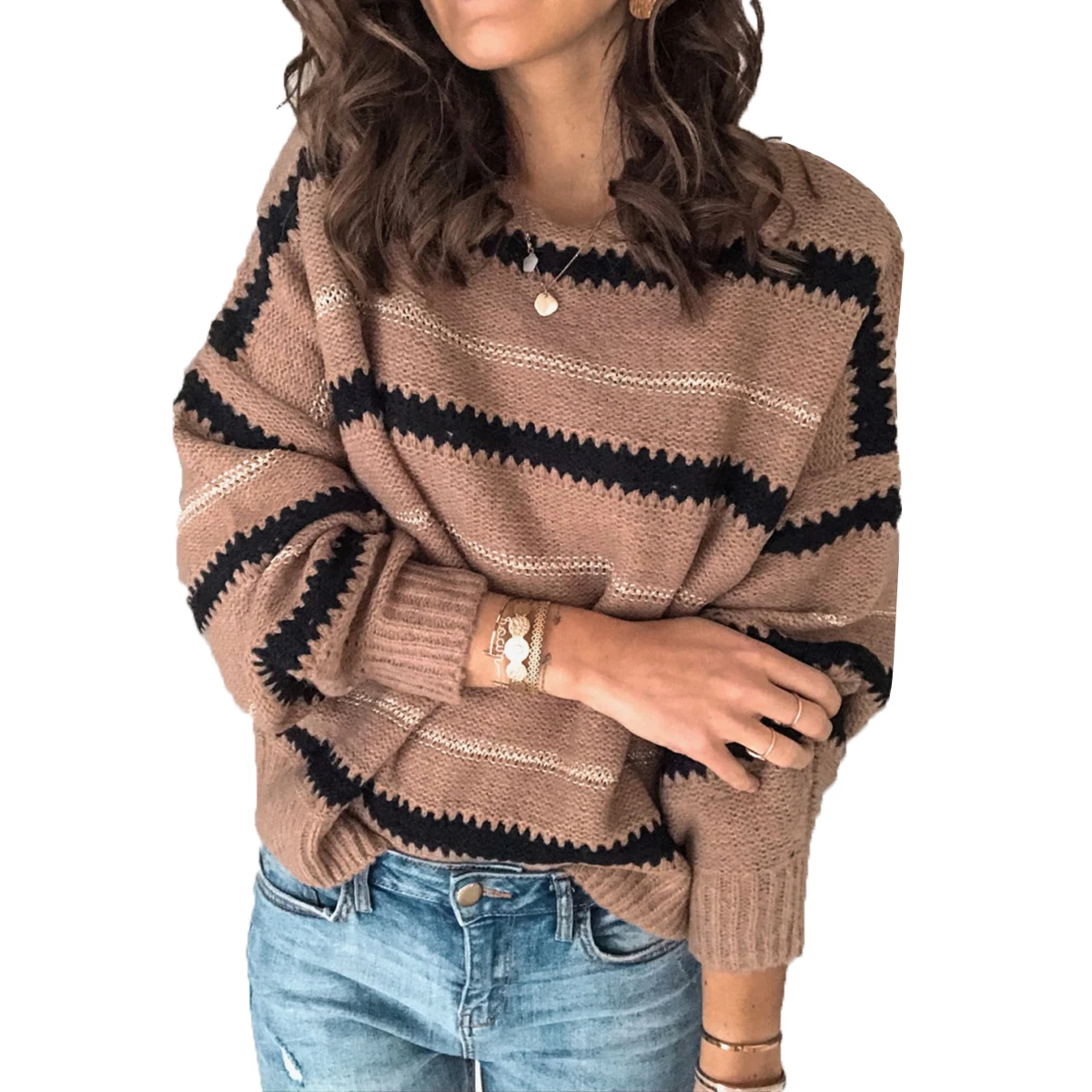 

Women Autumn Spring V-Neck Knitted Sweater Ladies Long Sleeve Casual Pullover Striped Loose Sweaters Plus Size