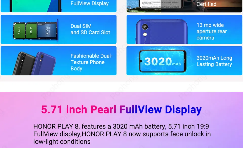 HONOR 8 play HONOR Play 8 MT6761 2 ГБ 32 ГБ четырехъядерный Y5 мобильный телефон 5,71 ''ips полный экран Android 9 разблокировка лица