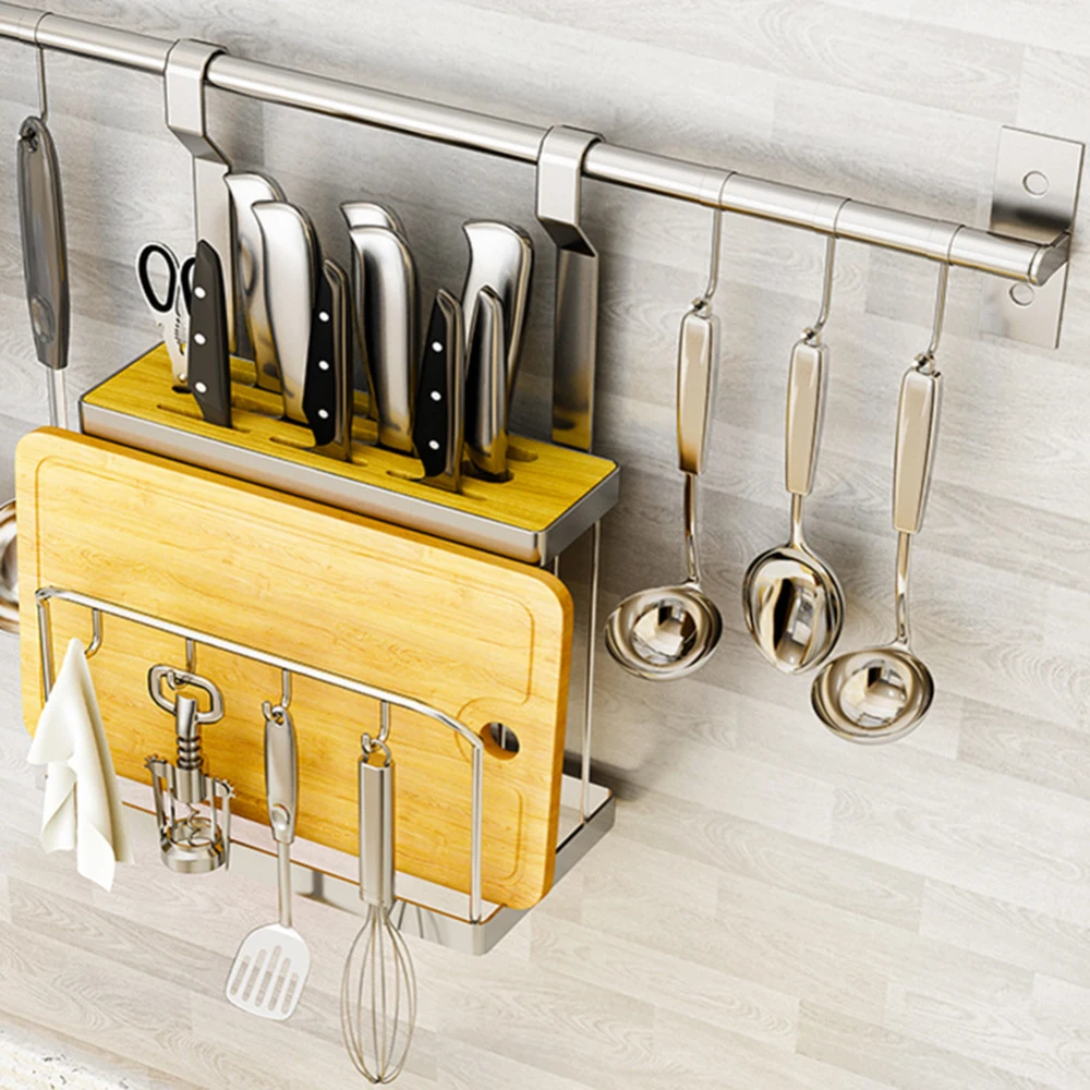 

Wall Mounted Kitchen Shelf Organizer Set For Household Items, Universal Knife Block Cutting Board Holder With Extra 4 Hooks