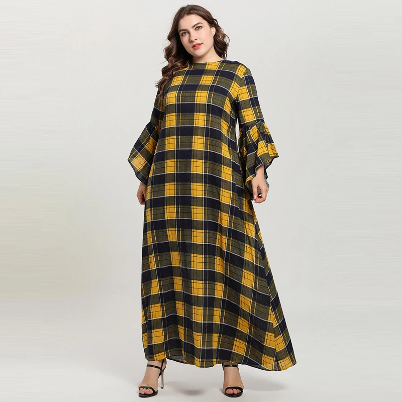 Женское желтое клетчатое повседневное длинное мусульманское платье с