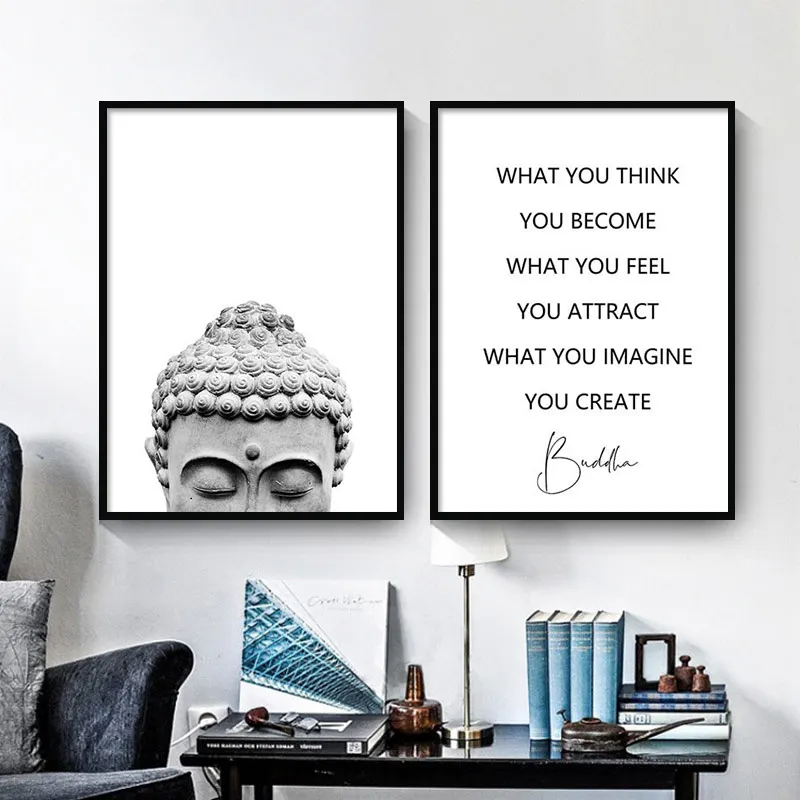 

Gray Zen Buddha Head Statue Poster Motivational Quostes Canvas Print Minimalist Wall Art Picture Painting Buddhism Home Decor