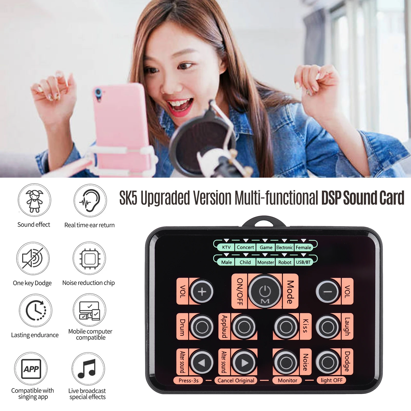 

SK5 Upgraded Version Multi-functional DSP Sound Card Voice Changer with 8 Changing Voices 5 Atmosphere Effects Wireless BT