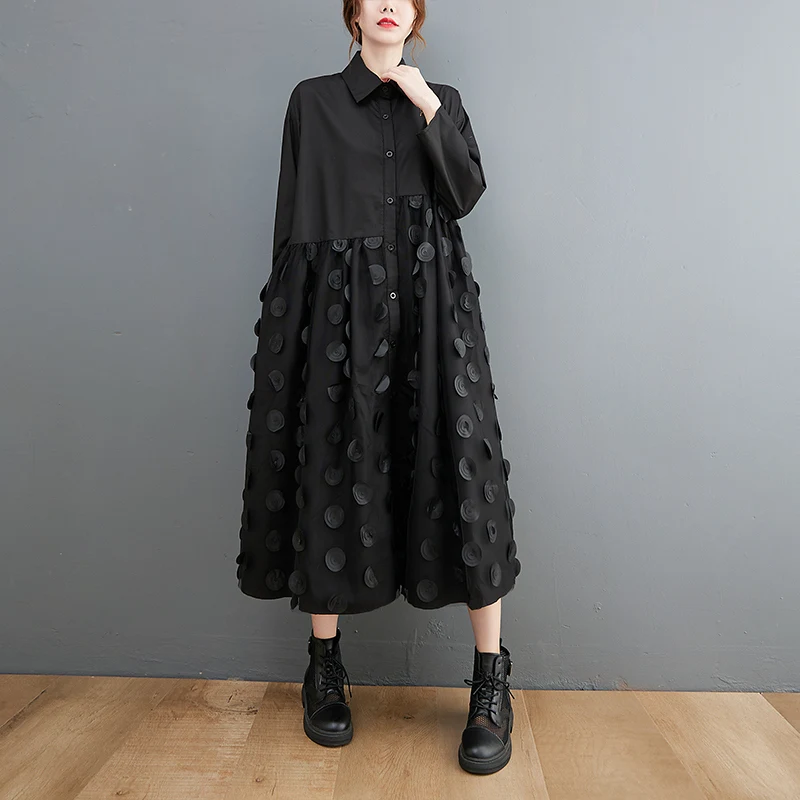 

Mesh Patchwork Black Shirt Dresses For Women New Long Sleeve Loose Casual Long Dress Fashion Elegant Clothes Spring Autumn 2021