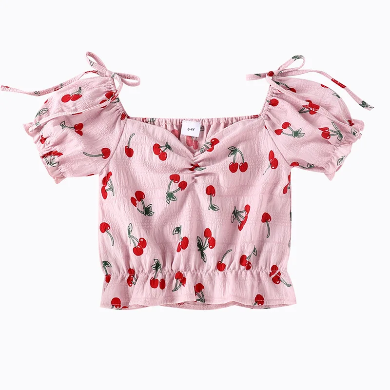 

Toddler Kids Baby Girls Short Style T Shirts Puff Sleeve Cherry Printed Tees Shirts Pink Children Crop Tops Clothing Summer 2-7Y