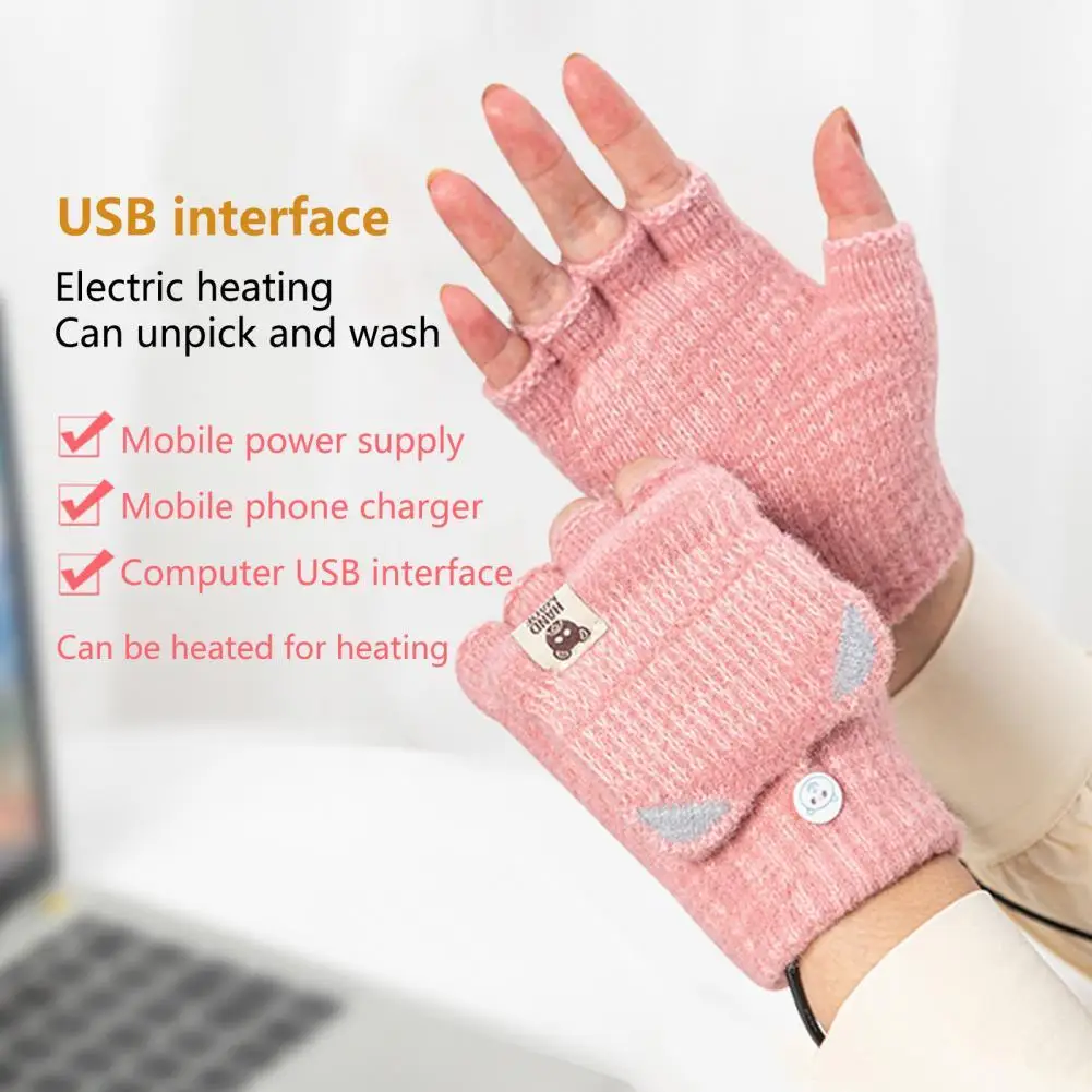 

1Pair Heated Gloves Cold Proof Bear-Label Comfortable Wear Gloves Half Fingerless Waterproof Electric Heating Gloves for Winter