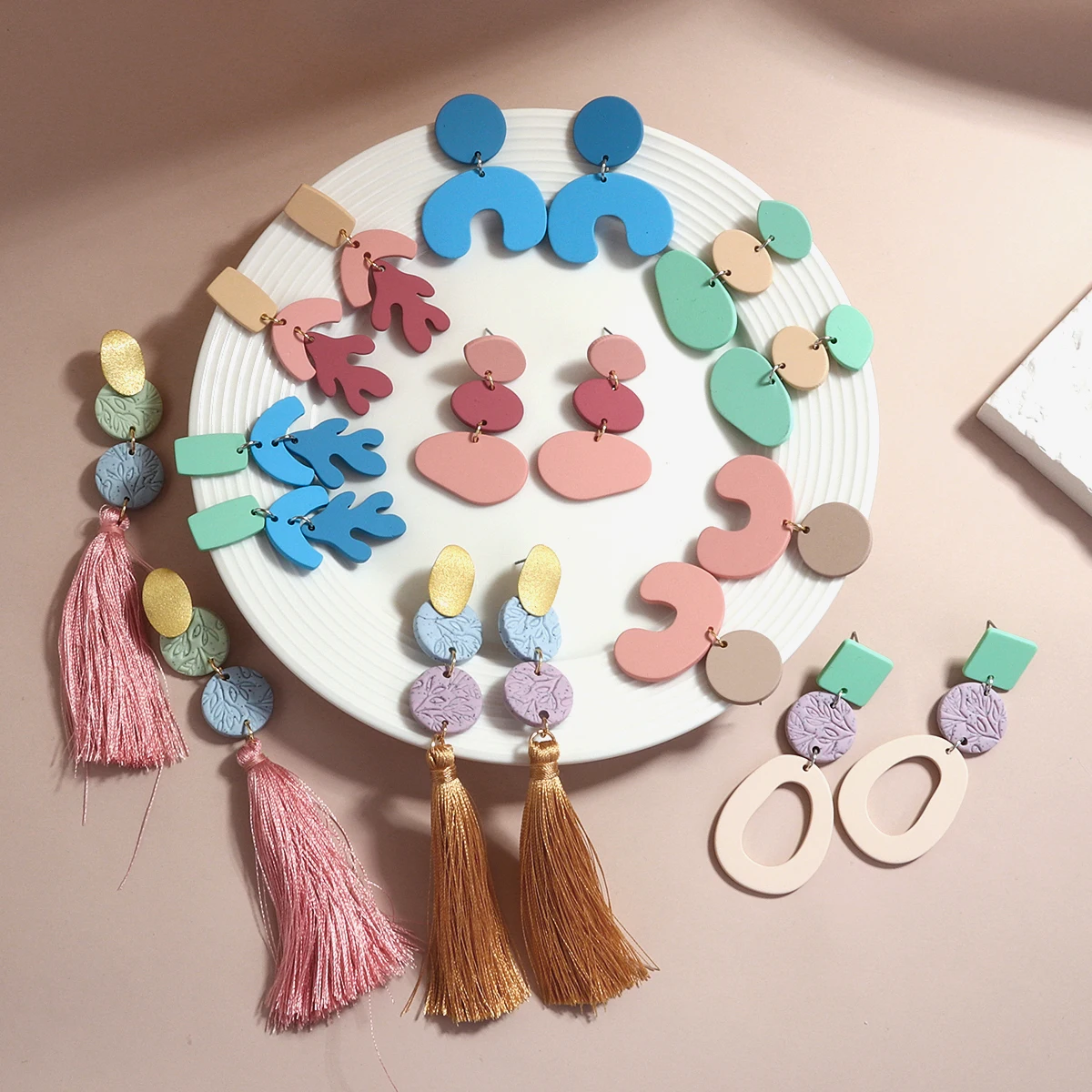 

AENSOA Abstract Geometric Acrylic Drop Earrings for Women Light Color Simulated Polymer Clay Tassel Earrings Unusual Jewelry