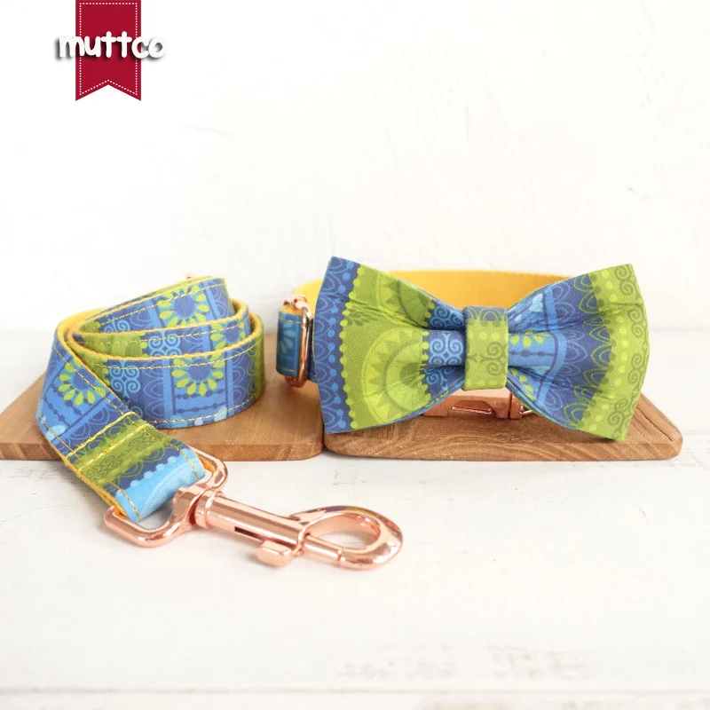 

MUTTCO retailing high quality handmade collar THE FOLK YELLOW dog collar leash set with bow tie 5 sizes UDC024M