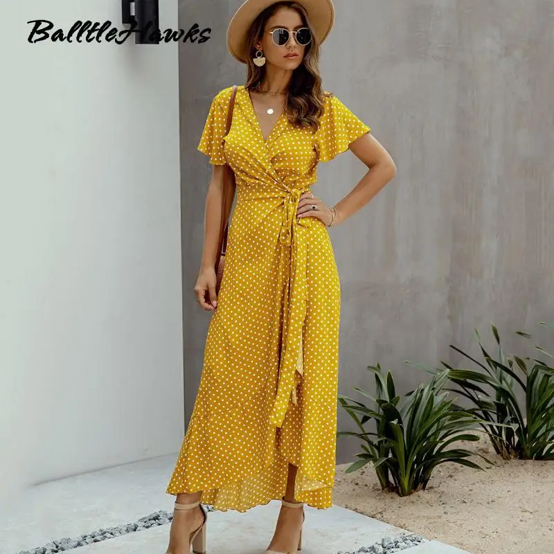 Платье женское длинное в горошек пикантный пляжный сарафан с запахом вечерние