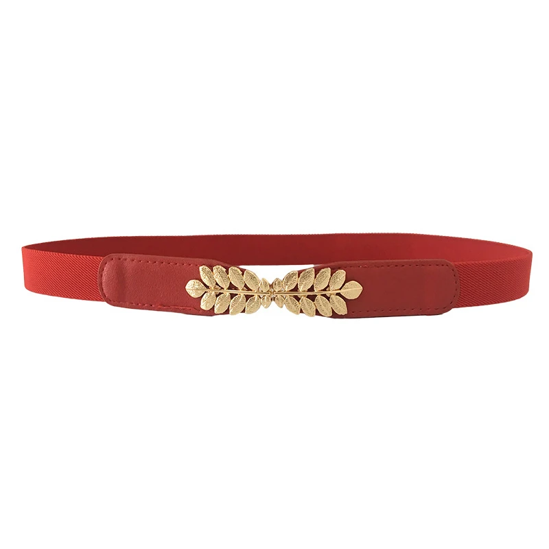 

Vintage High Elastic Fabric Belts For Women Dresses Gold Leaves Metal Buckle Belts Female Belts Women Fashion Hot Elastic Belts