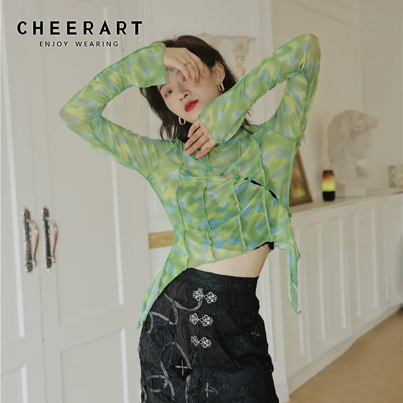 Асимметричный сетчатый топ CHEERART Tie Dye зеленая блузка с длинным рукавом женский