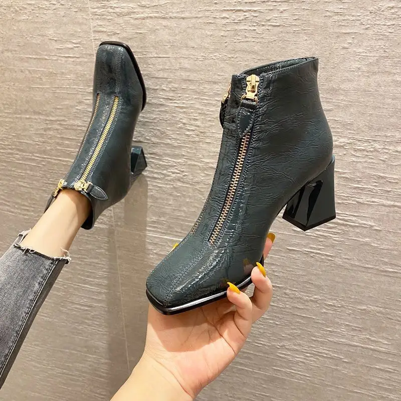 

Martin Boots For Women Autumn Winter Shoes 2021 Solid Patent Leather Black Female Booties Fashion Sexy Womans Short Ankle Boots