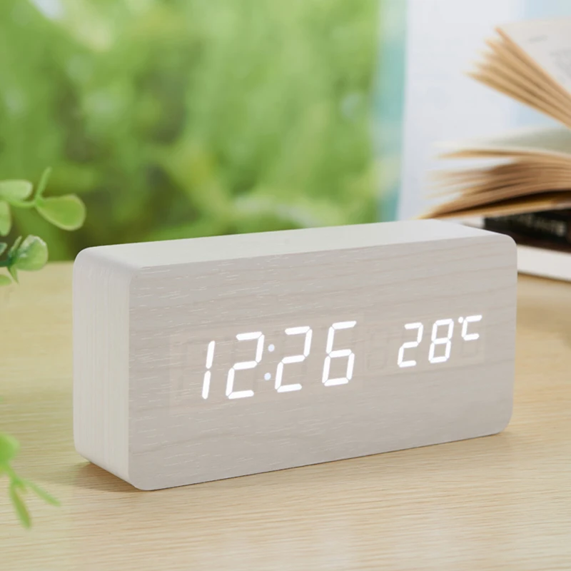 

Wooden Alarm Clock With LED Display Portable Voice Control Digital Clock Despertador Electronic Temperature Desktop Clock