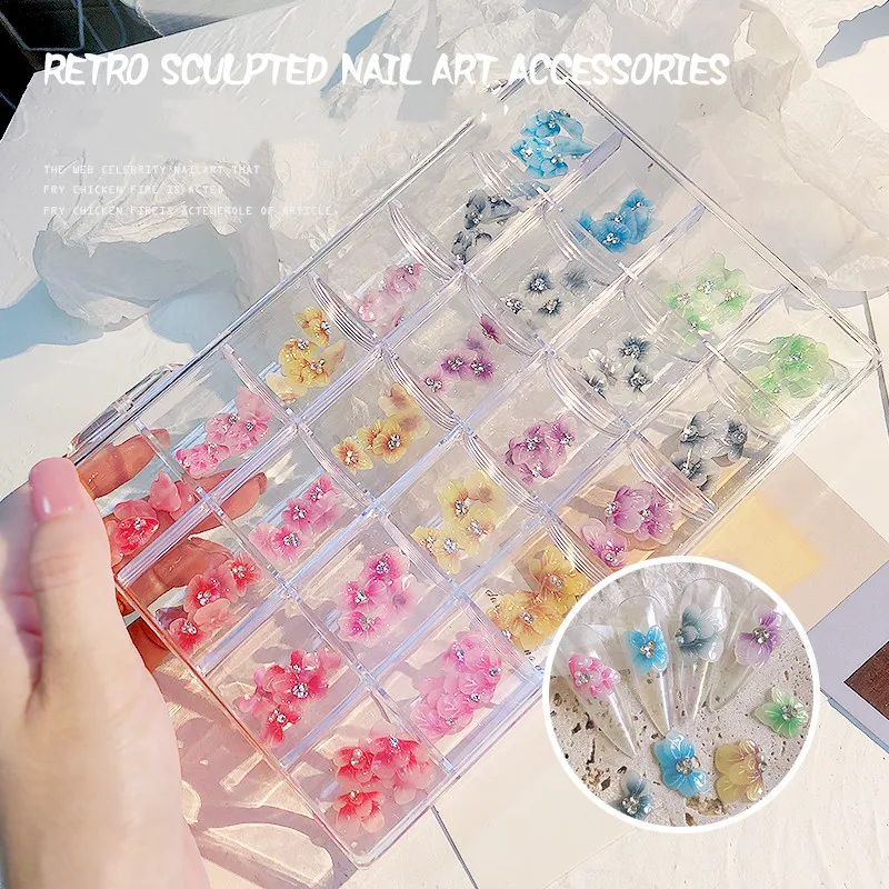 

120PCS 3D Acrylic Flowers Nail Decorations With Rhinestones For Acrylic Nails Tips Crystal Resin Flower Charms In 24Grides Box#@