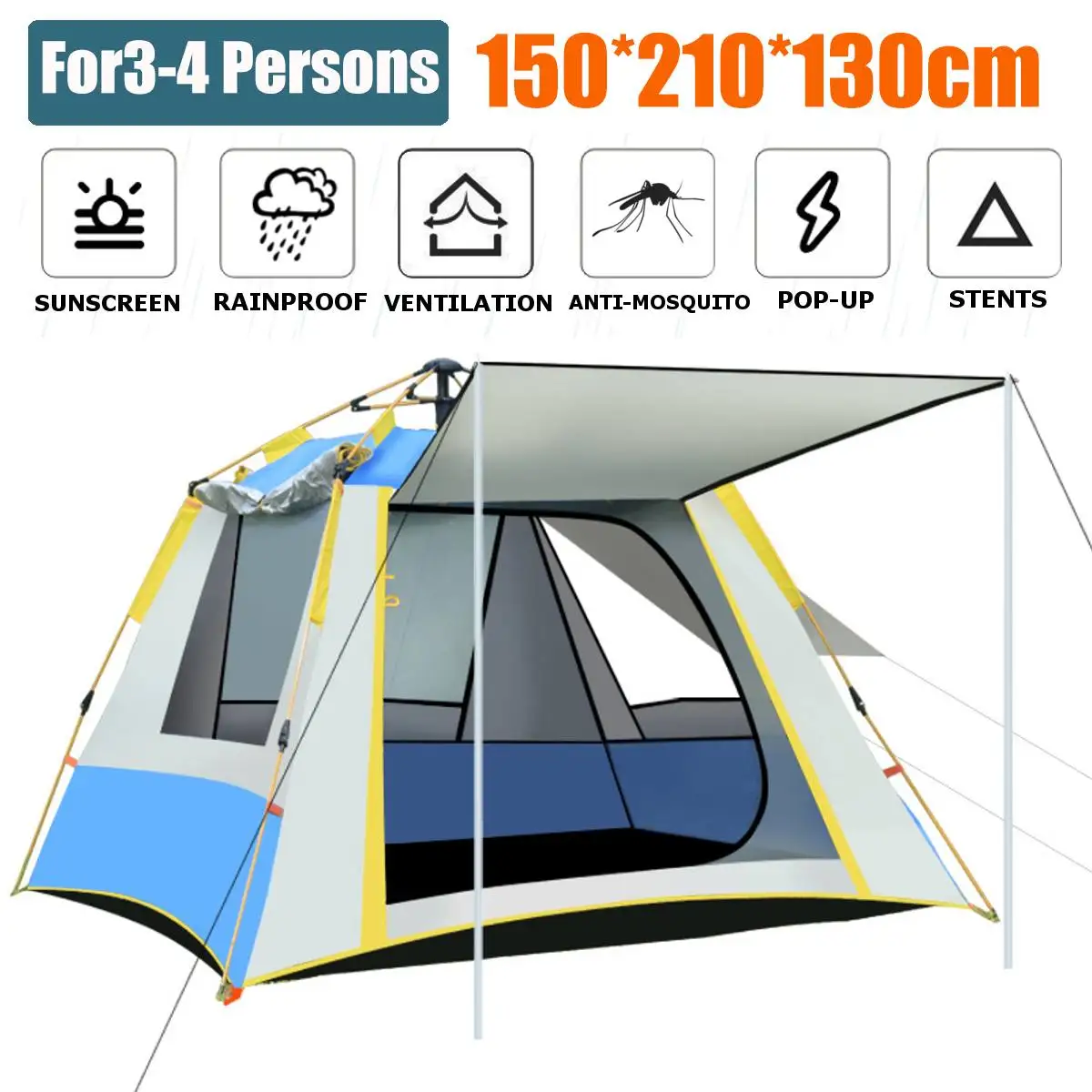 

3-4 People Large Tent Quick Setup Family Tent Outdoor Waterproof UV Protection Camping Hiking Foldable Folding Tent Family Tents
