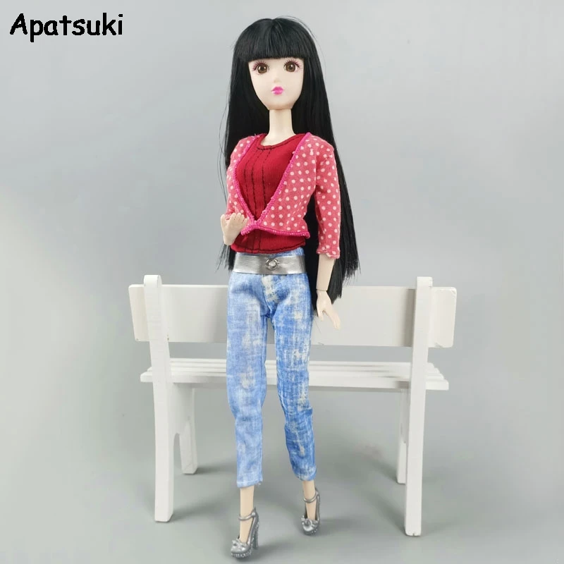 1Set Pink Polka Coat Red Vest Denim Pants Handmade Clothes For Barbie Doll Outfits for 1:6 BJD Dollhouse 1/6 Accessories | Игрушки и