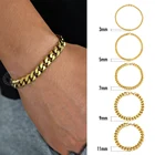 Браслеты s Wo из нержавеющей стали для мужчин, мужской браслет из кубинской панцирной цепи, браслет золотого цвета не выцветает, 3, 5, 7, 9, 11 мм, ювелирные изделия LKBM218