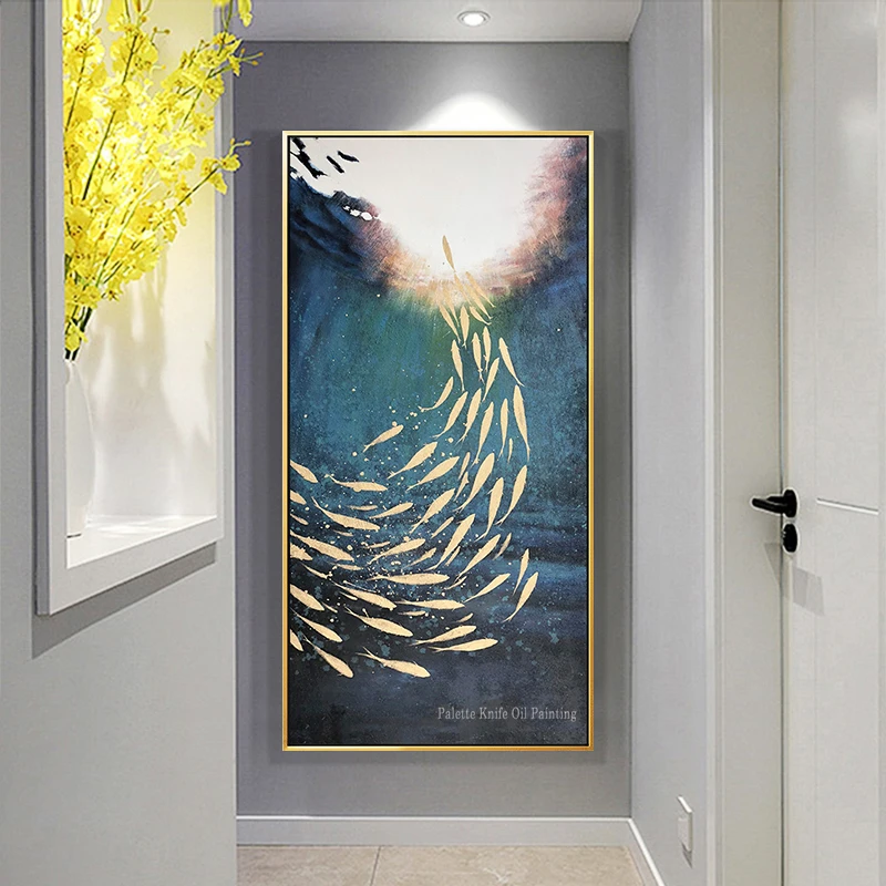 

Hand painted navy blue ocean abstract oil painting fish acrylic painting on canvas pictures for living room home wall art decor