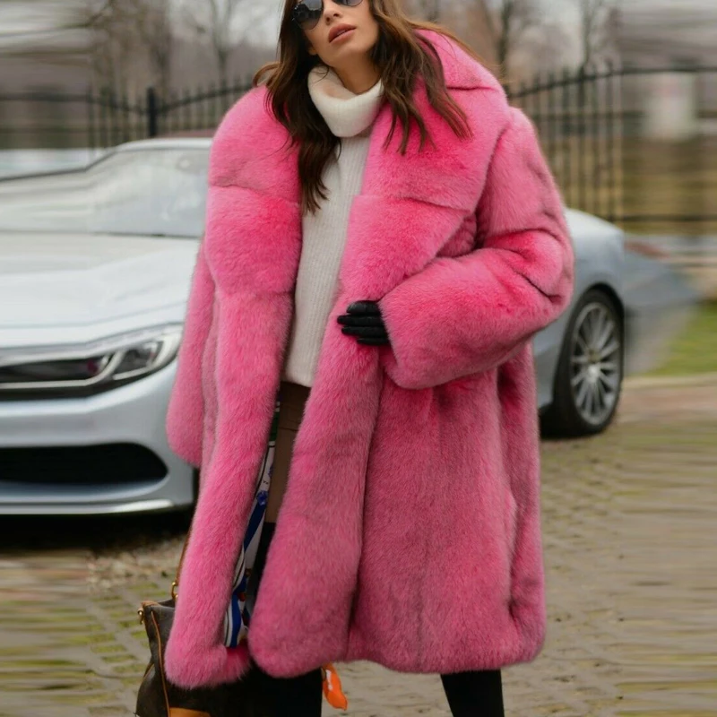 BFFUR Long Rose Red Real Fox Fur Coats 2022 Winter Fashion Women Full Pelt Genuine Fox Fur Coat With Big Lapel Collar Thick Warm