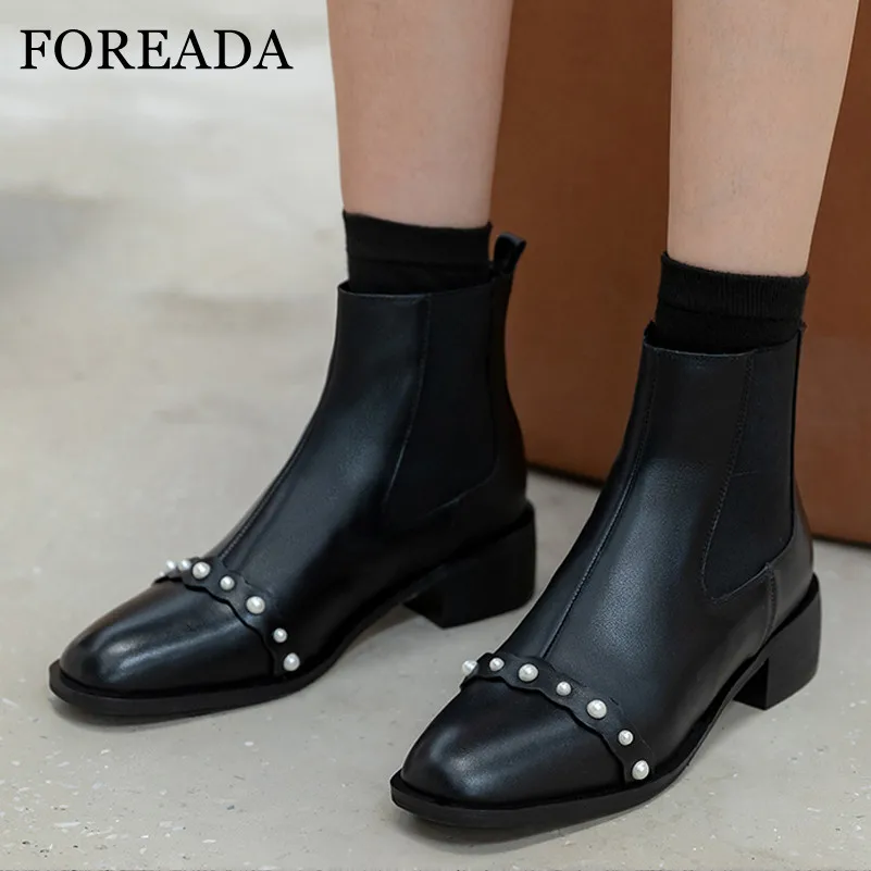 

FOREADA Square Toe Chelsea Boots Woman Real Leather Med Heel Ankle Boots Thick Heel Shoes Pearl Short Boots Lady Autumn Winter