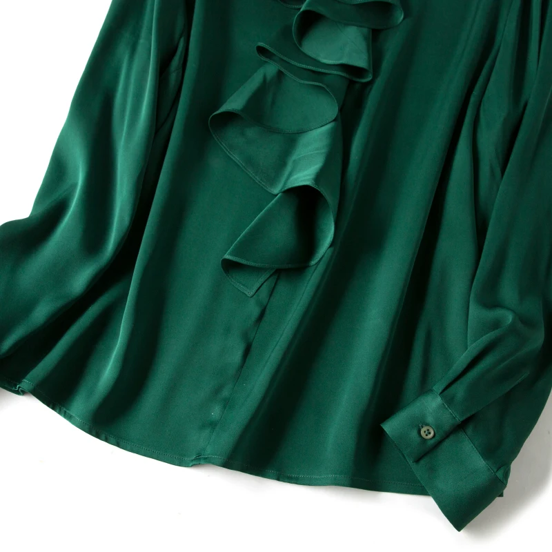 Женская футболка с длинным рукавом 100% шелк тутового шелкопряда оборками