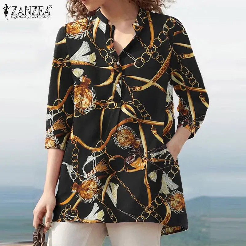 

Модные рубашки с принтом ZANZEA, женские повседневные топы с отложным воротником и рукавом 3/4, повседневные рубашки на пуговицах, блузки, женск...