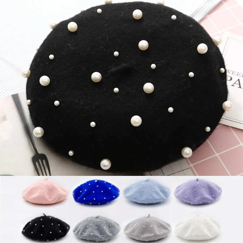 Женский роскошный берет с жемчугом кашемировый заклепками женские теплые модные