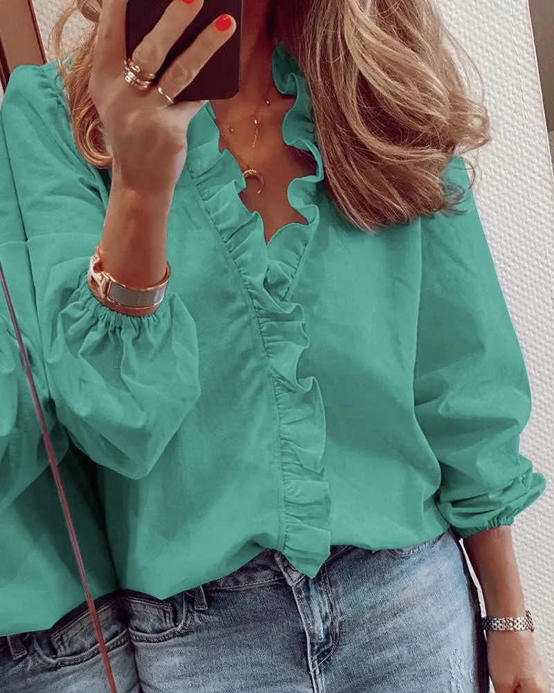

Spring Autumn Women Ruffled Sexy Shirt Letter Pineapple Print V Neck Shirts Long Sleeve Floral Slim Blouse Top Female Streetwear