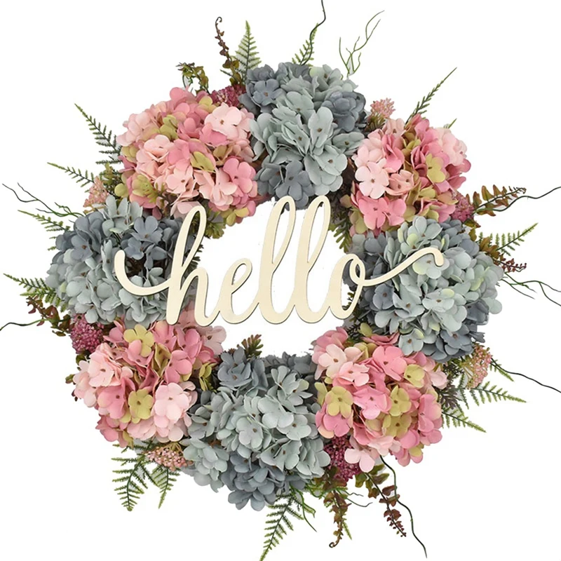 

Spring Summer Wreath for Front Door Handmade Blue Pink Hydrangea Hello Wreath for Wall Wedding Farmhouse Home Decor