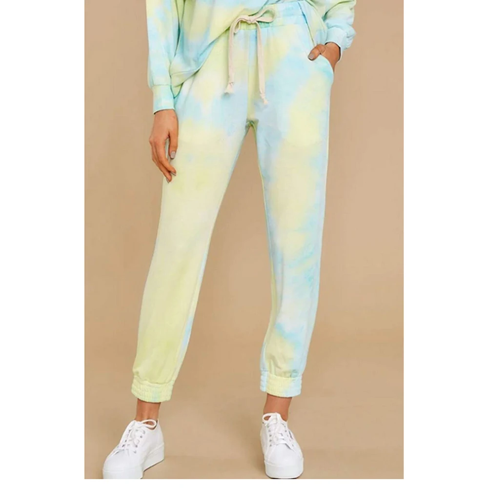 

Tie-dying Print Soft Hooded Tops Long Pants Elastic With Belt Long Sleeve High Quality Pajamas Sets Trendy Color Sleepwear Suit