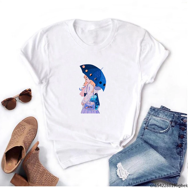 

Cute Girl Summer Kawaii Funny Cool Priting T-shirt Vintage Woman Round Nnck Loose Style