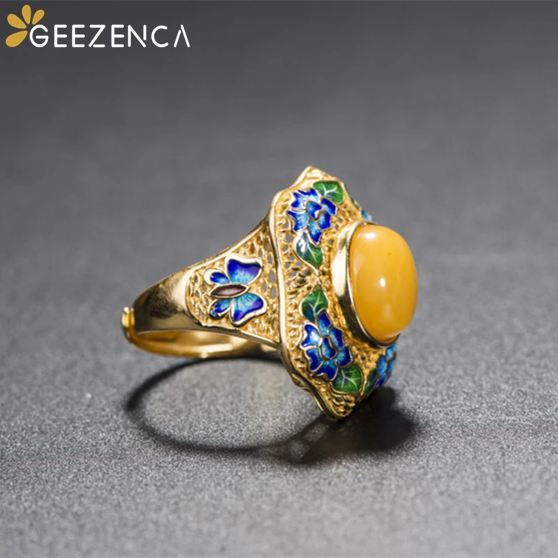 

Vintage Luxury 925 Sterling Silver Amber Cloisonne Gold-plated Ring Flower Leaf Butterfly Open Rings Fine Jewelry for Women Gift