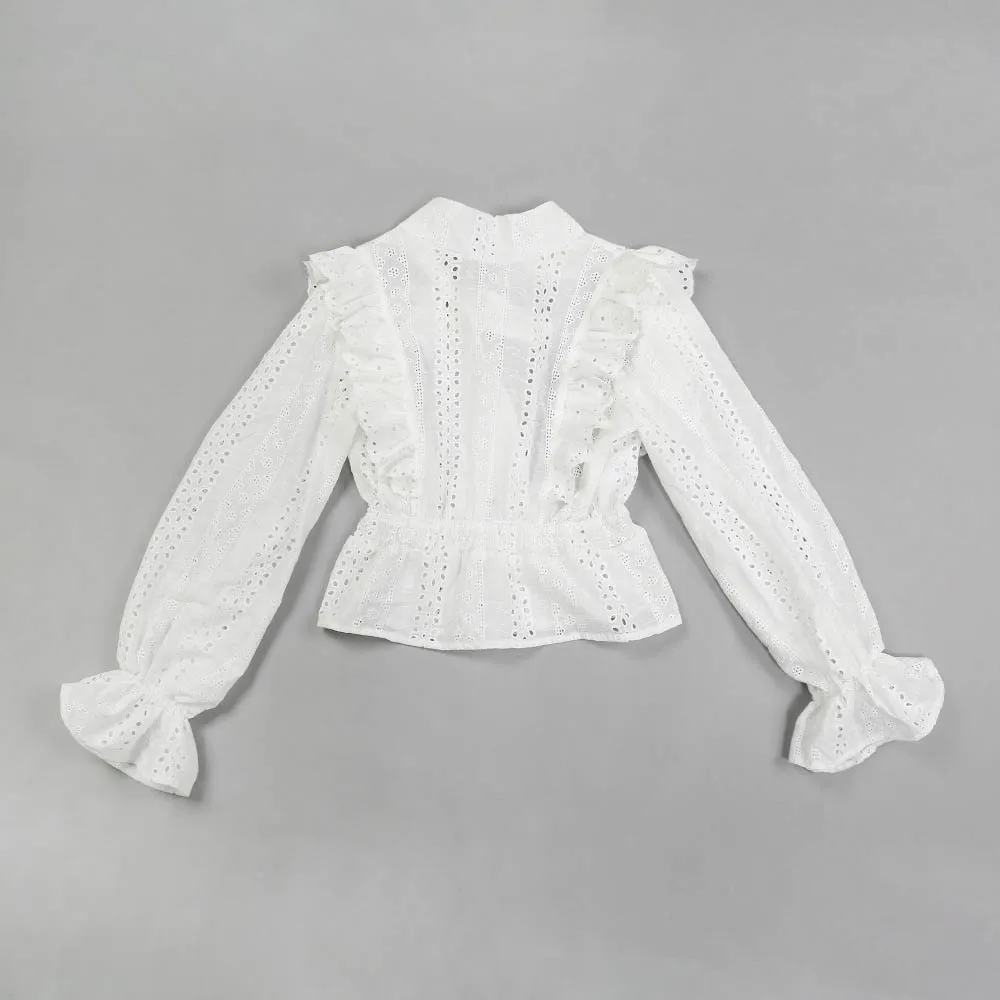 Элегантная кружевная женская блузка с открытой спиной белая оборками женские