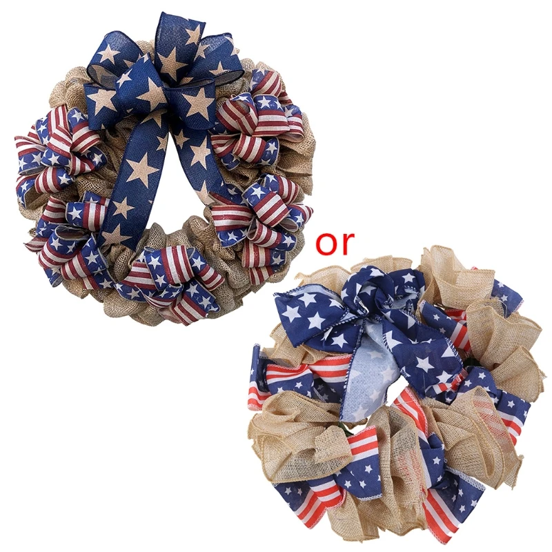

94PF 4th July Independence Day Wreath America Patriotic Flag Burlap Farmhouse Wreath for front Door Wall Window