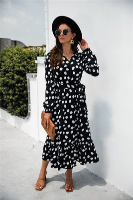 

Woman's Chiffon Long Beach Dress Elegant Leopard Dress Loose Long Sleeve Deep V-neck A-line Sexy Party Dress Vestidos De Fiesta