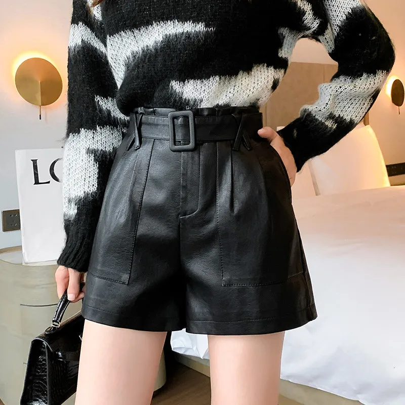 

High Waist Shorts Women Baggy Zipper Streetwear Leather Casual Straight Temperament Shorts Sexy Shorts Feminino Clothing DG50S