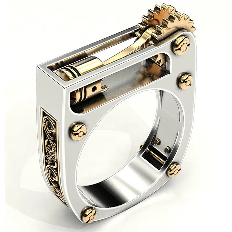 

Milangirl Personality Fashion Hip Hop Geometric Mechanical Gear Ring For Women Men Two-Tone Punk Wedding Band Finger Ring Modern