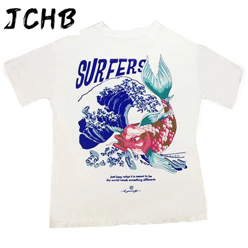 

2021 Chinese Style Tshirt Women Fish Print Japan Carp Fish Hip Hop Brand Clothes t Shirt Women Tee Streetwear T-shirts Funny Har