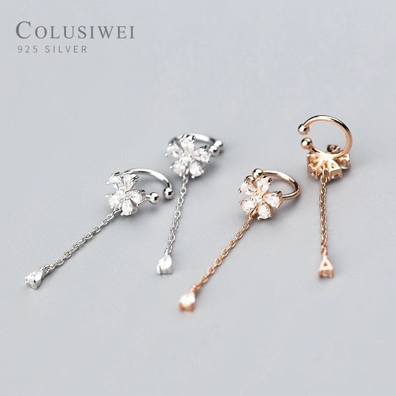 

COLUSIWEI 925 пробы Серебряные длинные серьги-клипсы в виде капли воды с пятью лепестками для женщин не нужны отверстия для ушей ювелирные издели...