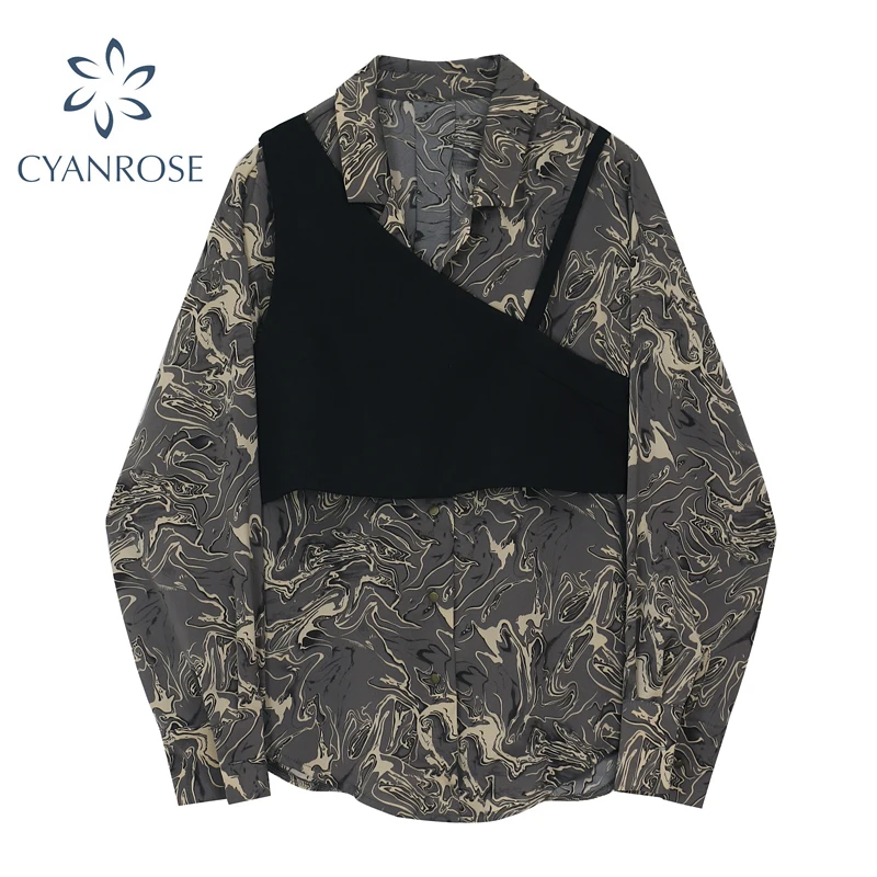 

Женские блузки, Осенние Топы, винтажные уличные рубашки с воротником на пуговицах, повседневные свободные рубашки с отложным воротником и д...