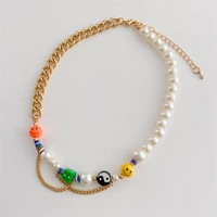 happy go pearl bead cuban chain necklace for women girls fashion smiley face dice yin yang tai chi choker y2k necklace