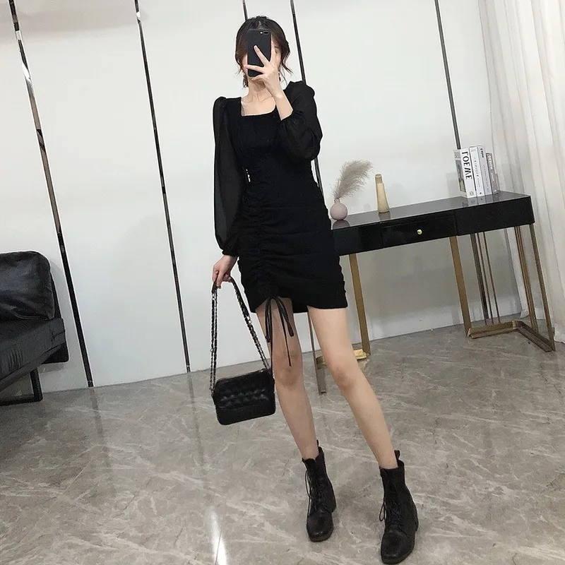 

Sexy Bodycon Dress n Full Sleeve Bandage Dress Fashion Square Collar Black Dress New Lady Party Club Clothes Fall