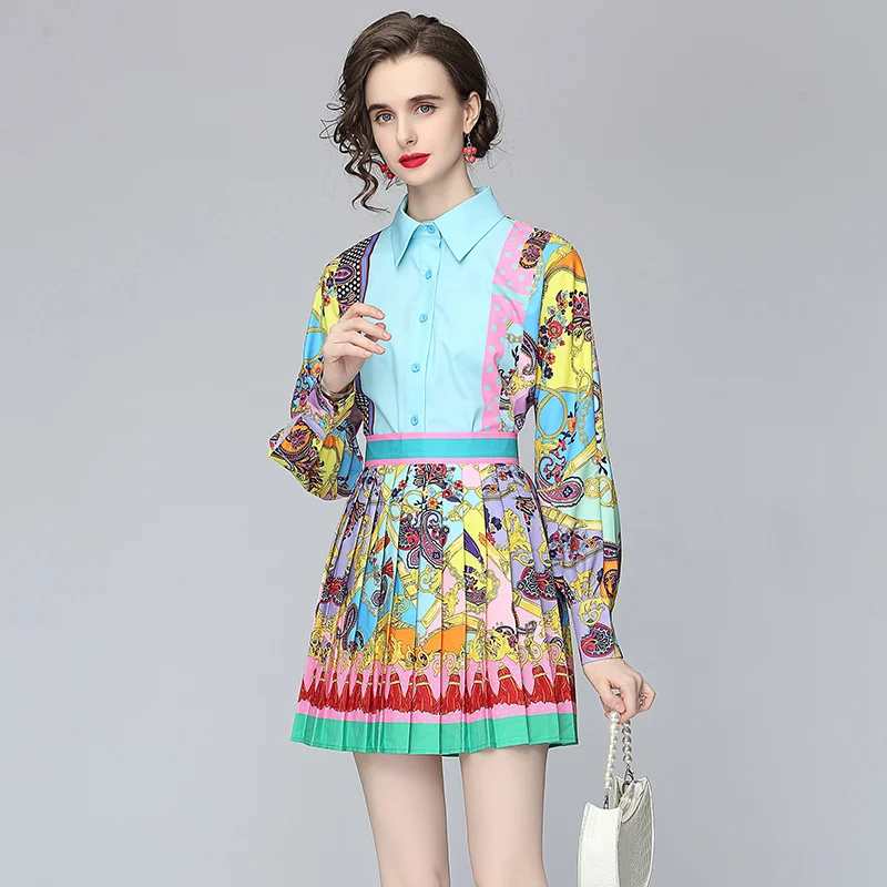

2021 New Spring Autumn Women Sets High-end Custom Vintage Print Long Sleeve Shirt And Pleated Mini Skirt Two Piece Set