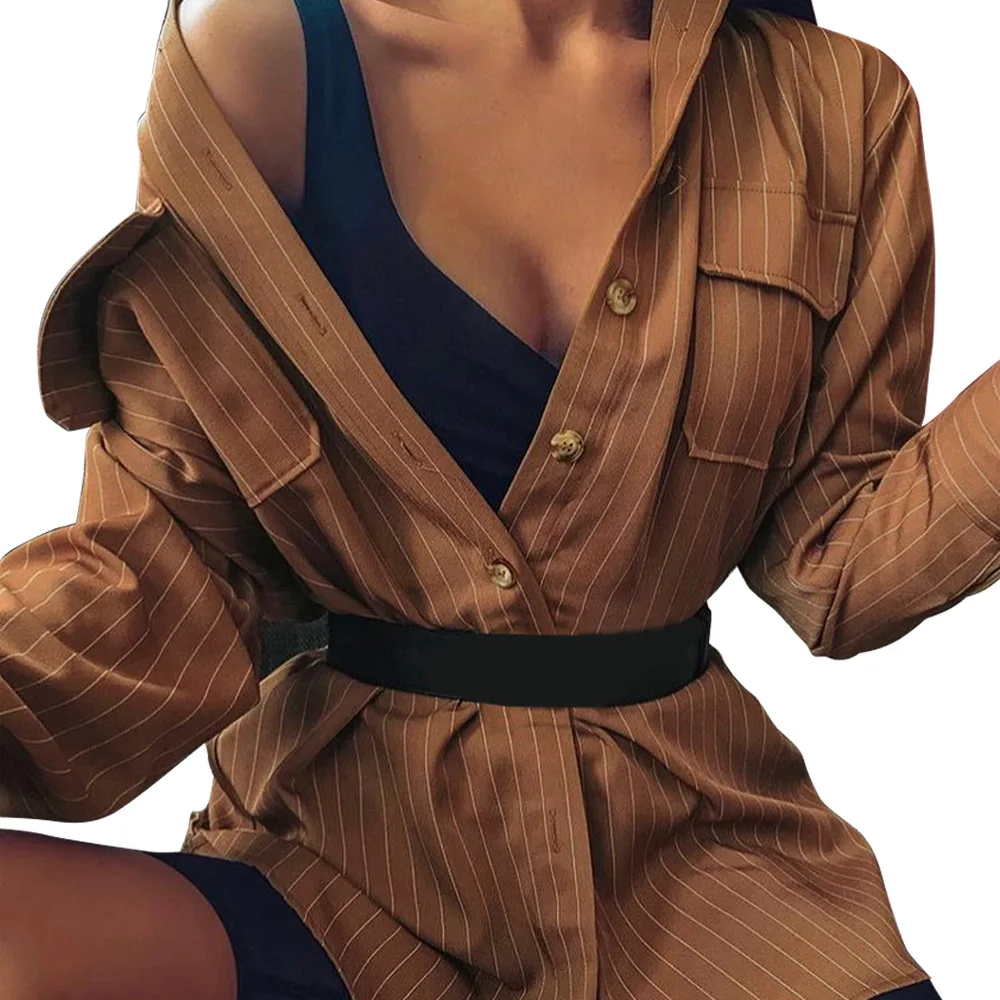 Осенняя мода 2019 женские рубашки с длинным рукавом блузки карманами в полоску