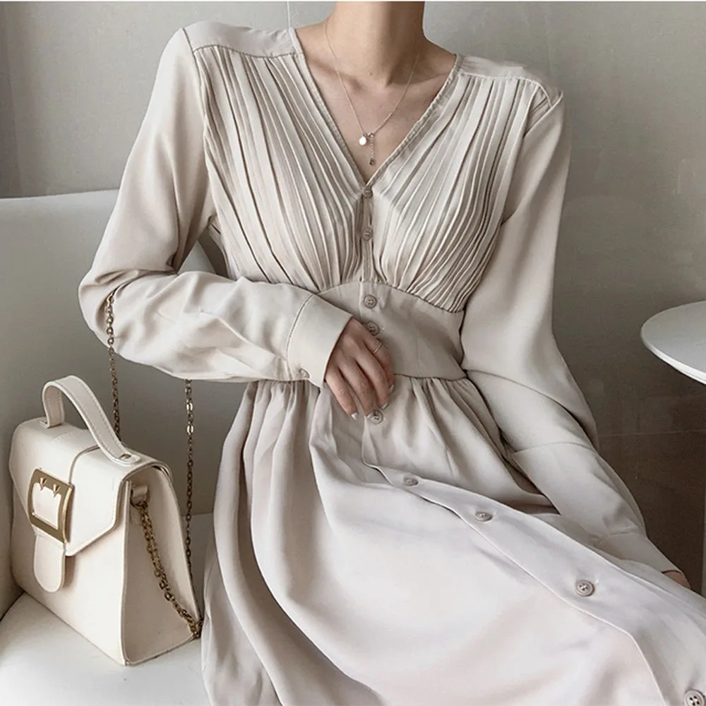 

Korean Woman Dress High Waist Pullover A-Line Patchwork Casual 2021 Spring Plain V-neck Long-sleeved Dress