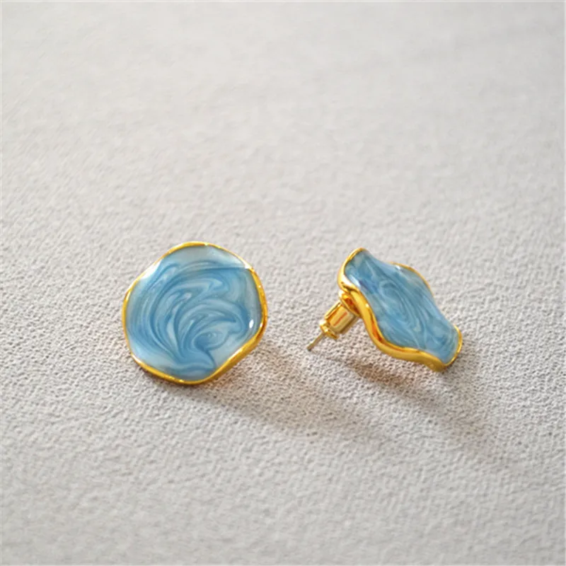 

WT-E643 Starry starry sky vast ocean hand-enameled starry Sky Blue Circle wavy flower earrings with studs Dreaminess earrings