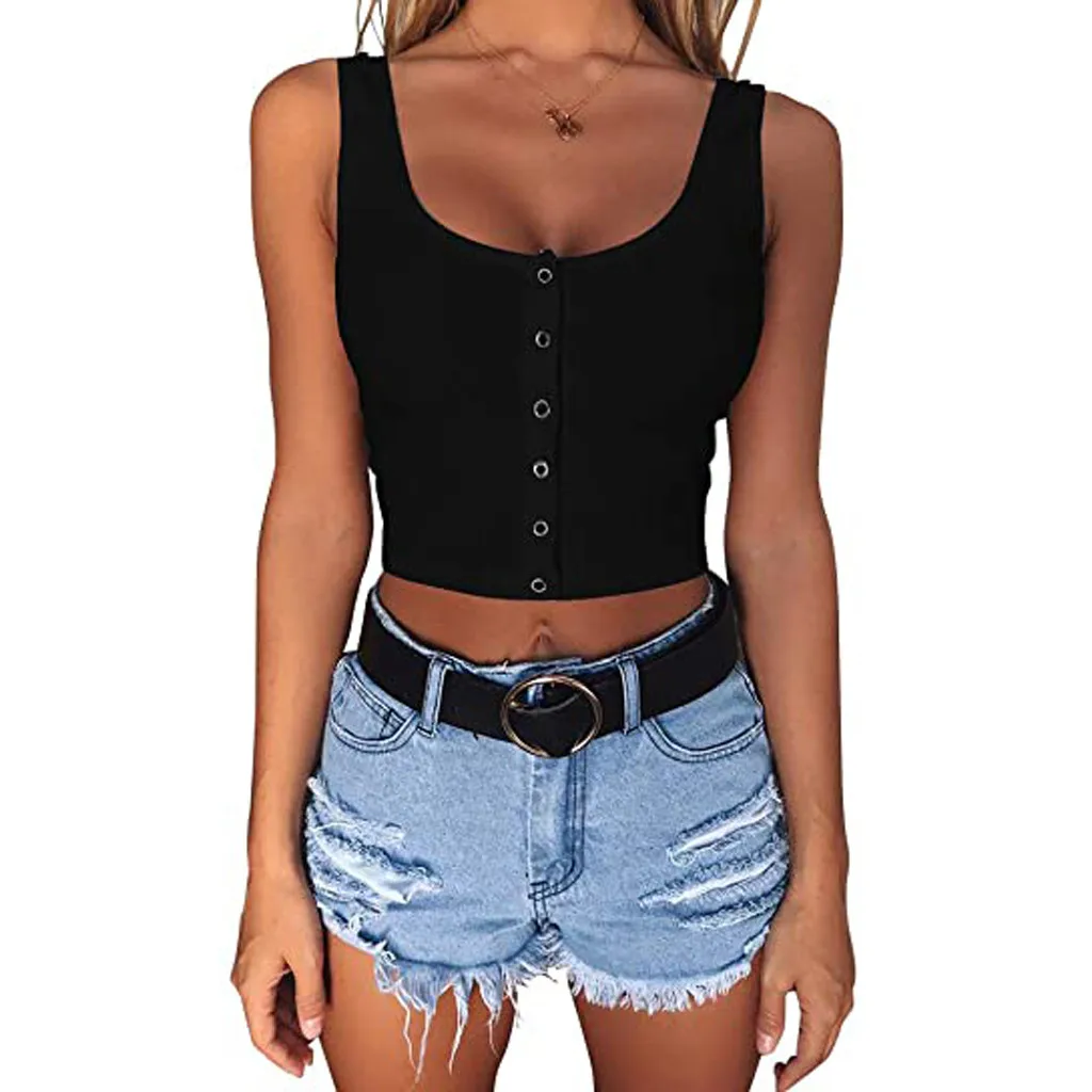 

Fashion Ribbed knit tops Womens Sexy Button Croped Tank Top Streetwear Summer Cute Mini Tank Vest Off Shoulder Halter Blouse