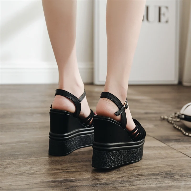 2019 г. Женские босоножки на танкетке высоком каблуке 12 см вечерние туфли платформе